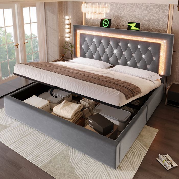 Lit coffre - Becag - Lit double rembourré 140x200cm avec LED et USB Type-C, Lit adulte avec rangement hydraulique, Velours Gris