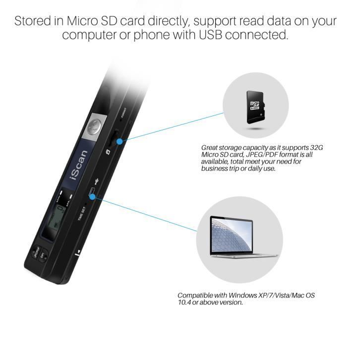 Scanner portatile iScan per immagini di documenti, compatto, con risoluzione 900 DPI, scheda TF da 32 GB, funzionamento a batteria, formato PDF - JPG.