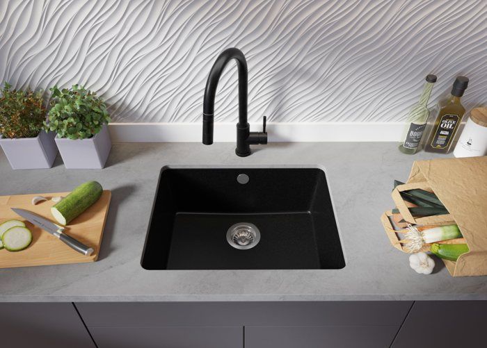 Primagran Venice Easy 56x44cm Unterbauspüle, 1-Becken-Granitspüle + Abflussgarnitur, komplett schwarz