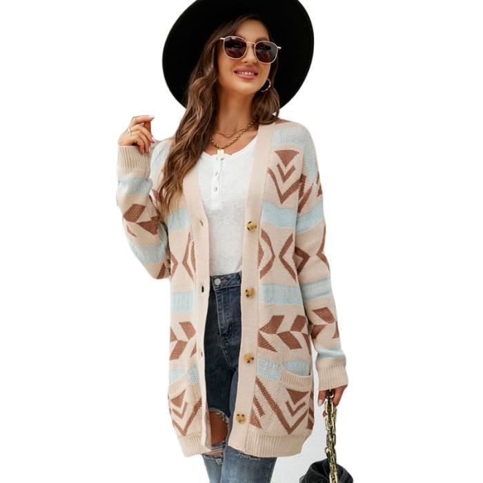 Pull Femme Géométrique Longue Relaxed Fit Manches Longues Veste Femme - Abricot - INSFITY - Col V - Femme