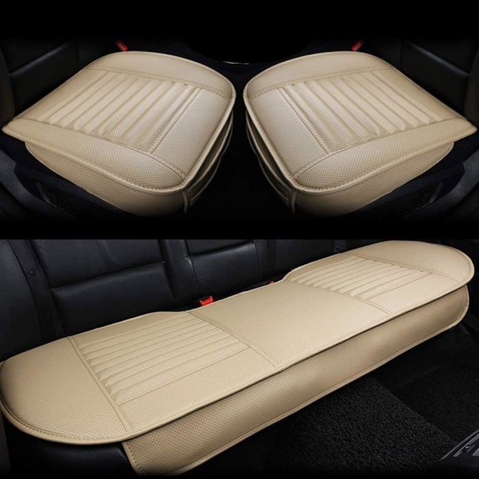 Funda para asiento de coche - PZCC - Piel sintética color carbón de bambú - 2 + 1 fundas - Beige - Protección interior