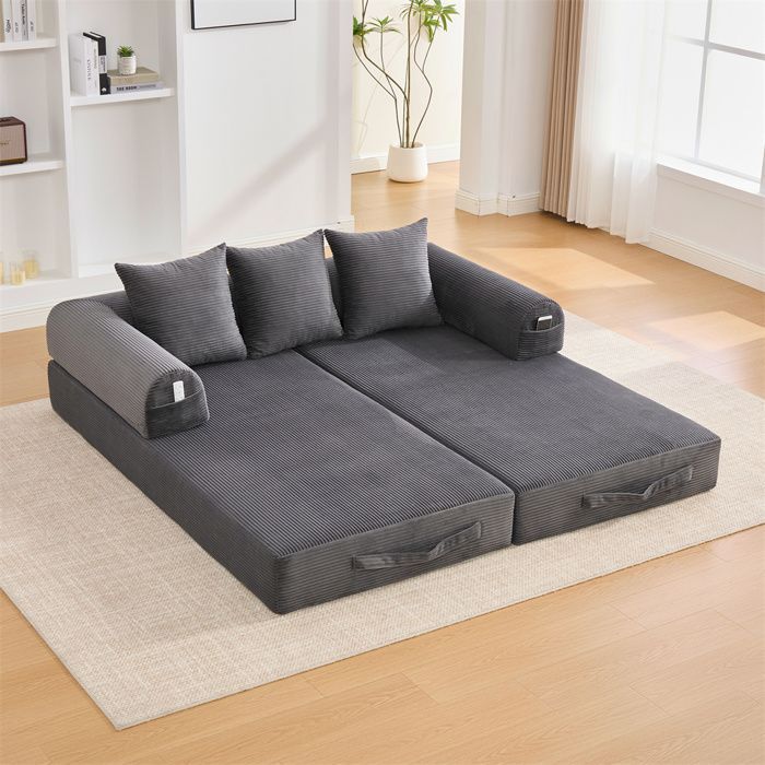 DRIPEX Canapé compressé 4-en-1 Pliable,Canapé modulable 3 places avec structure métallique,poches latérales et 3 coussins,Gris