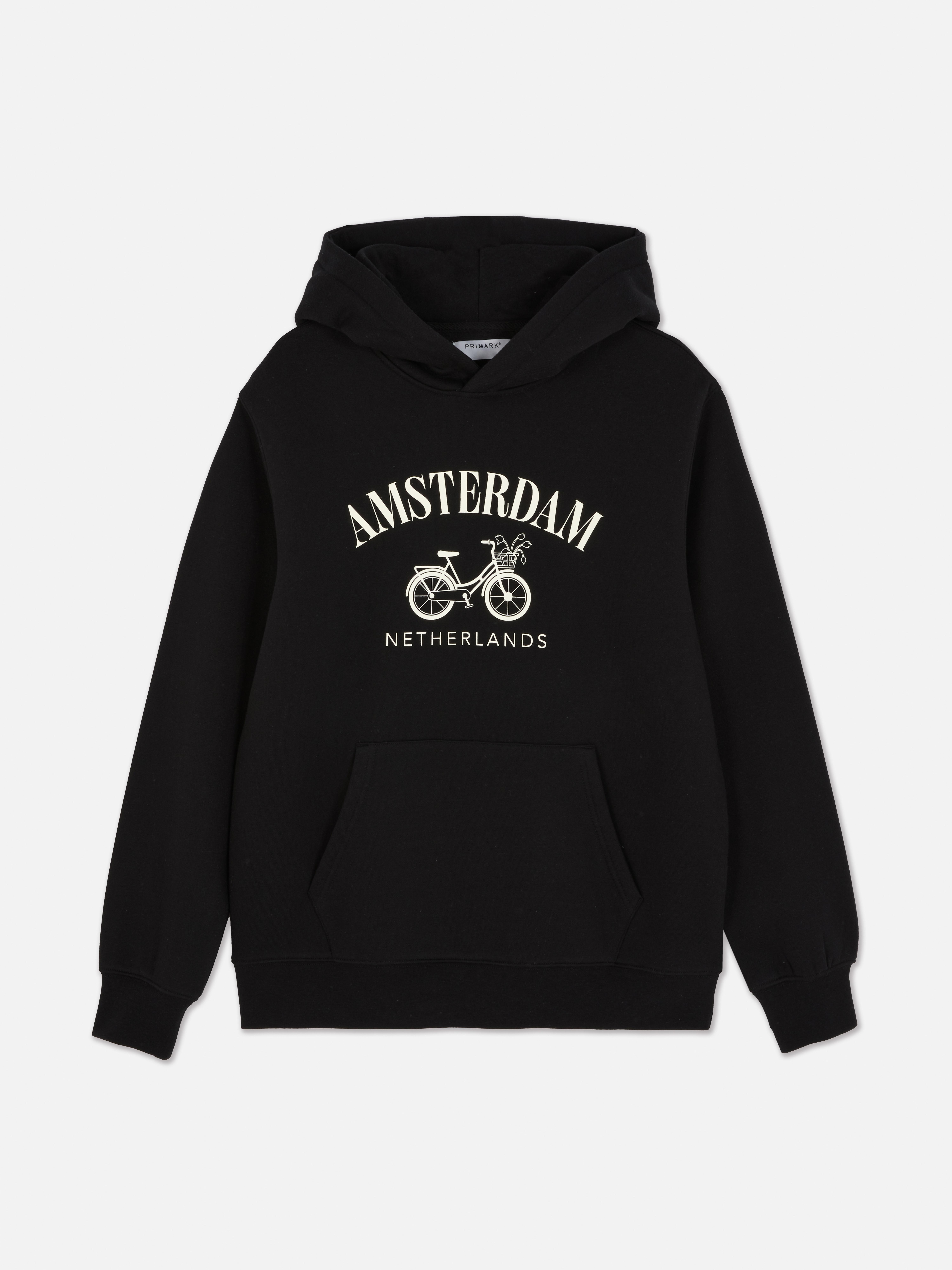 Hanorac cu imprimeu Amsterdam Hanorac casual din jerseu cu mâneci lungi, buzunar tip cangur și imprimeu contrastant Amsterdam pe piept