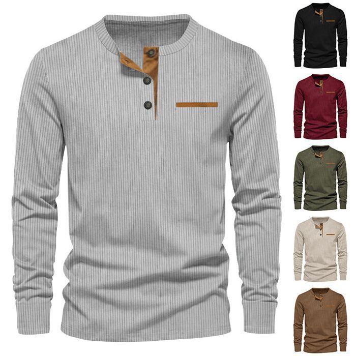 T-shirt casual da uomo a maniche lunghe in velluto a coste, vestibilità slim, scollo Henley, tinta unita, comoda - Taglia UE - Grigio chiaro