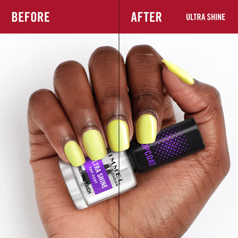Rimmel Ultra Shine topcoat biedt uitstekende bescherming en een intense glans.