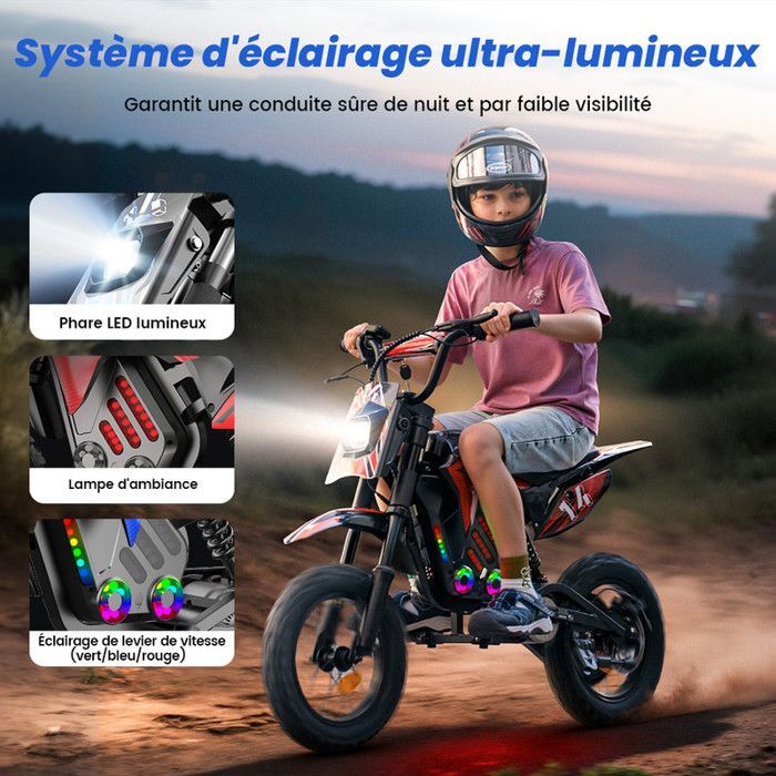 Motocicleta elétrica infantil A14 vermelha, 500 W, 3 velocidades (8-27 km/h), pneus todo-terreno de 14 polegadas, autonomia de 22 km, Bluetooth.