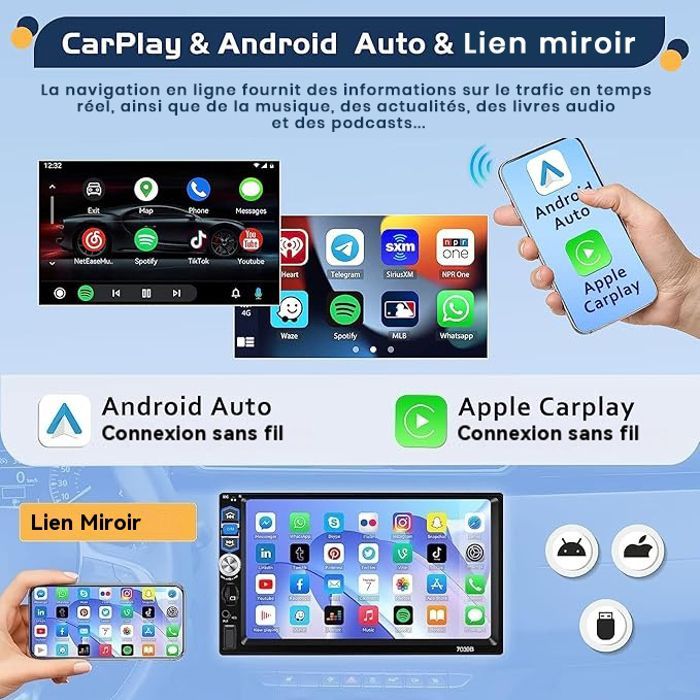 Rádio automotivo Podofo 1 DIN de 7 polegadas com Bluetooth, Android Auto, Wireless CarPlay, Rearview Mirror Link, USB, controles no volante, entrada para cartão TF e câmera de ré.