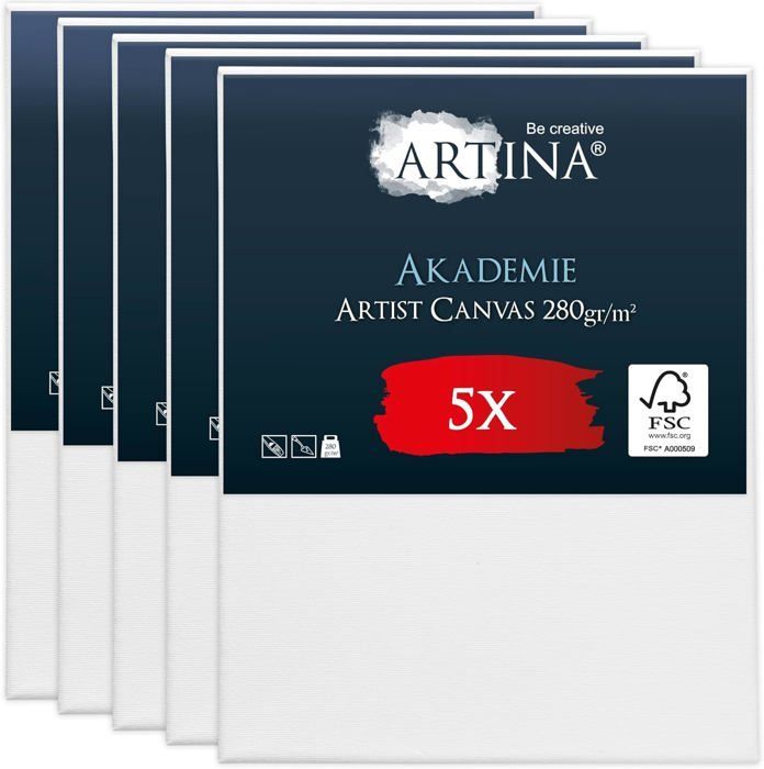 Artina Akademie – Juego de 5 lienzos con marco de madera de 40x50 cm – Pre-pintados dos veces – 100% algodón – 280 g/m²