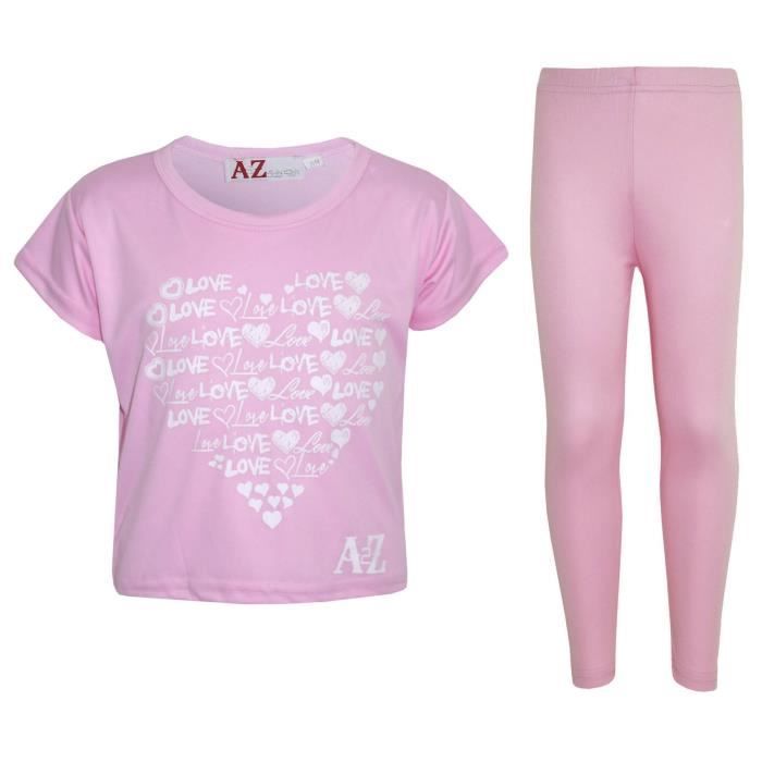 Conjunto de camiseta corta y leggings con estampado de corazones - Marca - Niñas - Manga larga - Rosa bebé