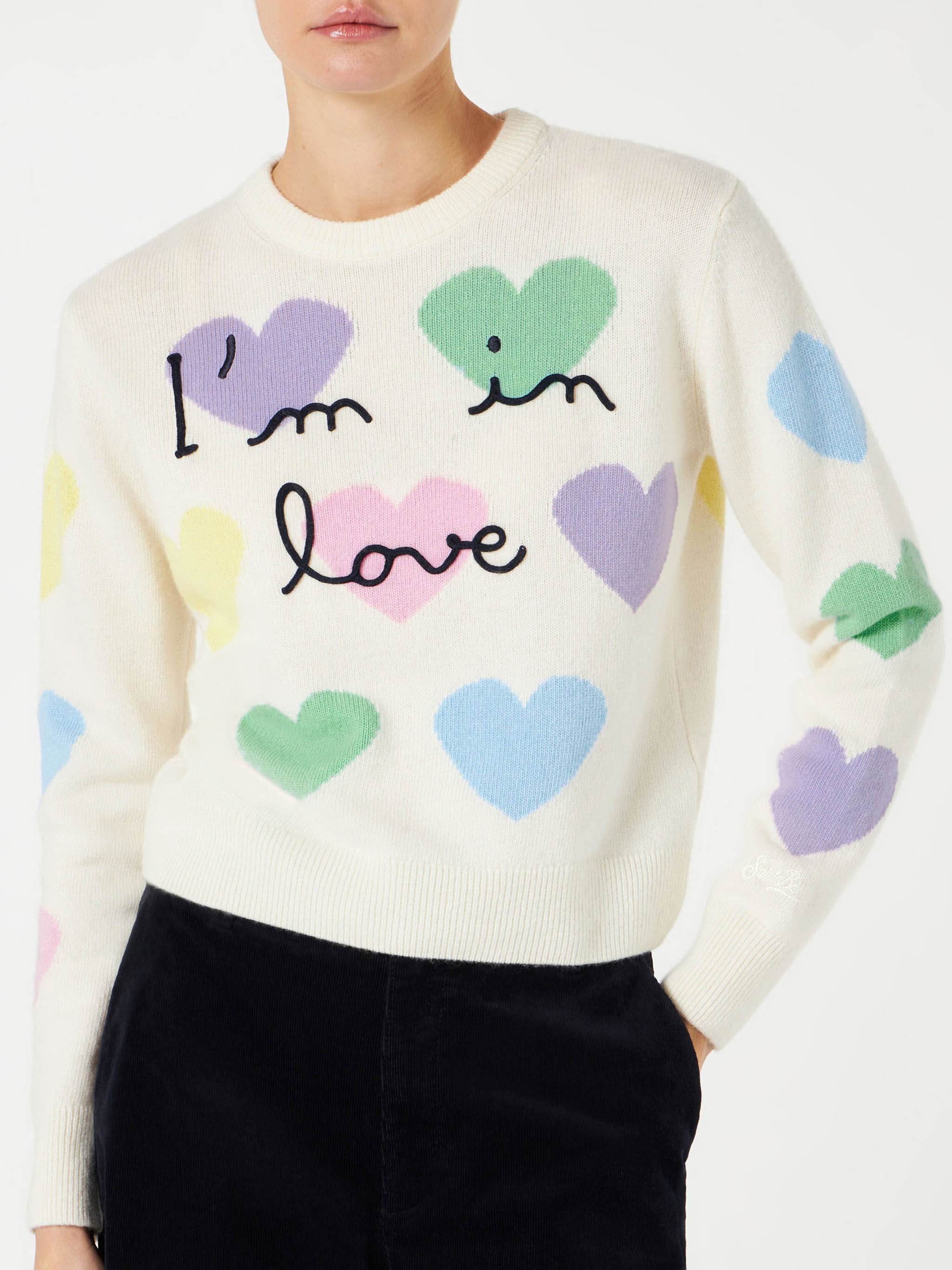 Maglione da donna con stampa cuori e ricamo I'm in Love