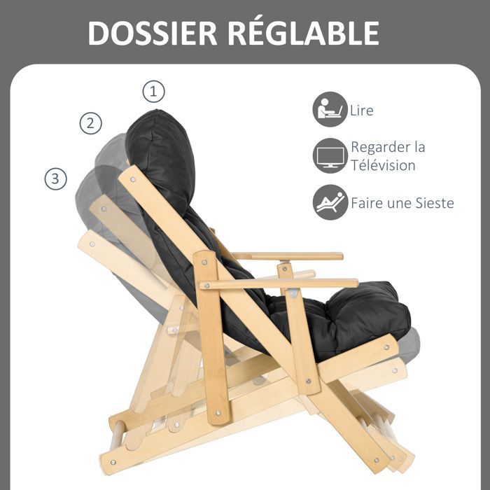 Fauteuil relax - HOMCOM - pliable et inclinable - coussin capitonné épais - bois d'hévéa - 71x89x96cm - noir