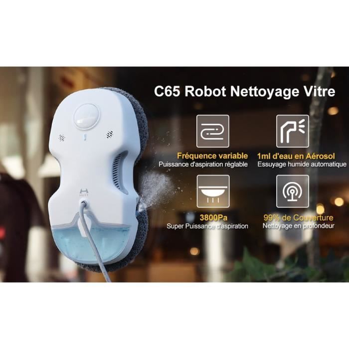 Robô de limpeza de janelas HUTT C65 com reservatório de água de 80 ml, pulverização automática de água, controle remoto e 10 panos de limpeza.