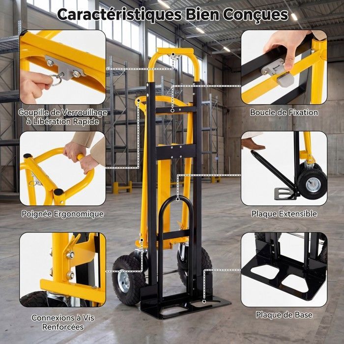 Carretilla metálica plegable 3 en 1 COSTWAY - 4 ruedas - Mango ergonómico, base extensible - 136 kg - Almacén, hogar