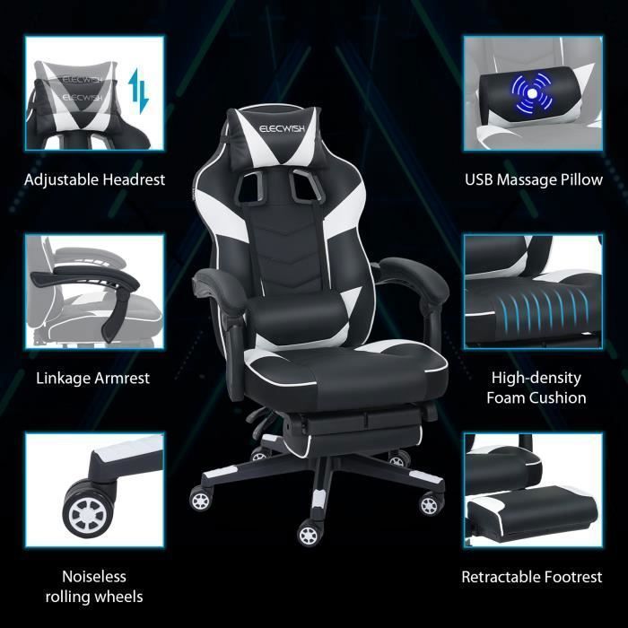 Ergonomic gaming chair, office chair, gaming chair, lumbar support with massage function, footrest, headrest, white