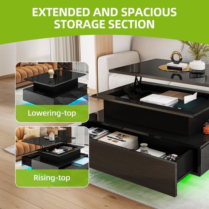 BALCONERA Lift-Top Coffee Table, Rectangular Living Room Table with 16 Color LED Lights and 2 Drawers, High-LumiNova Surface, Black