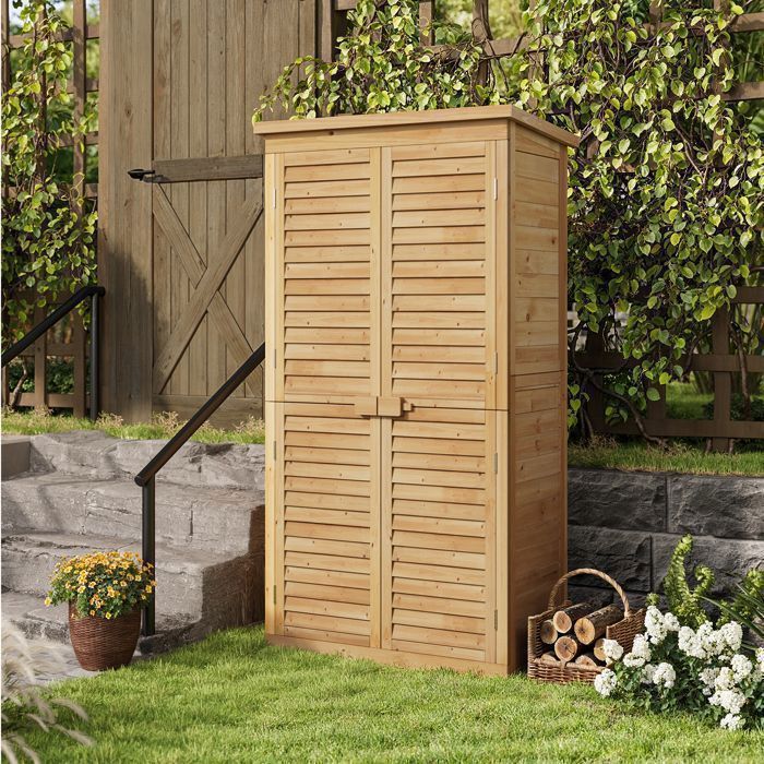 Mobile da giardino Bealife - Mobile contenitore in legno per esterni - 3 ripiani - 2 ante - Tetto inclinato - 76x42x160,5 cm - Cassapanca gialla