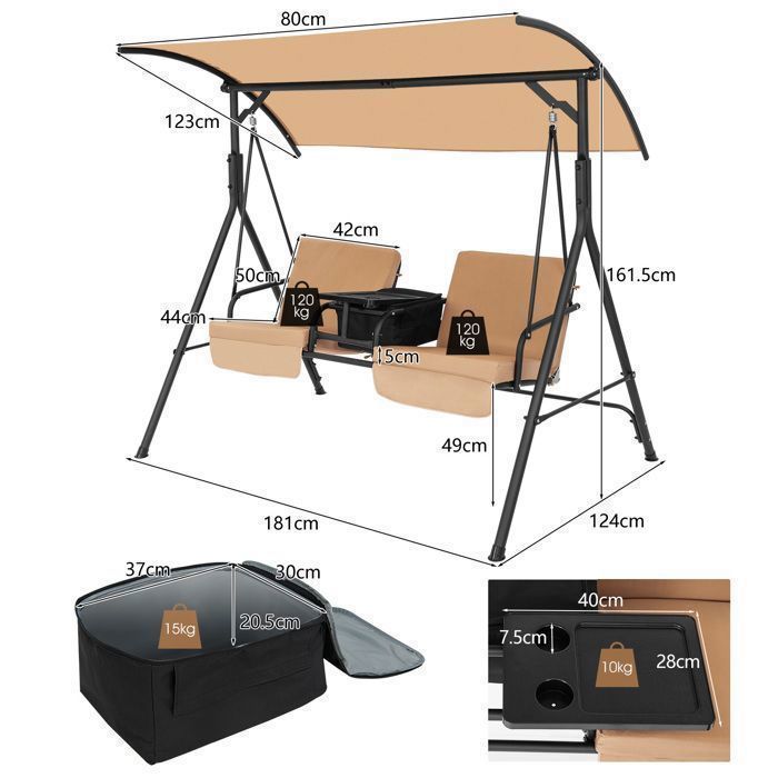 Columpio de jardín DREAMADE para 2 personas con bandeja, bolsa isotérmica de 23 litros, portavasos y 2 cojines para el asiento.