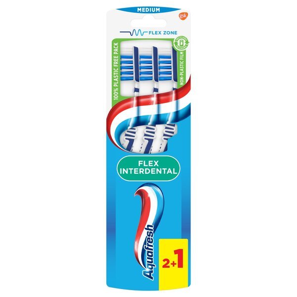 „Aquafresh Flex“ tarpdančių šepetėliai, vidutinio dydžio, 3 vnt.