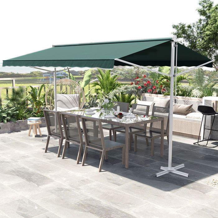 Store double pente - Outsunny - 4x3 m manuel rétractable inclinaison réglable imperméable - métal - vert foncé