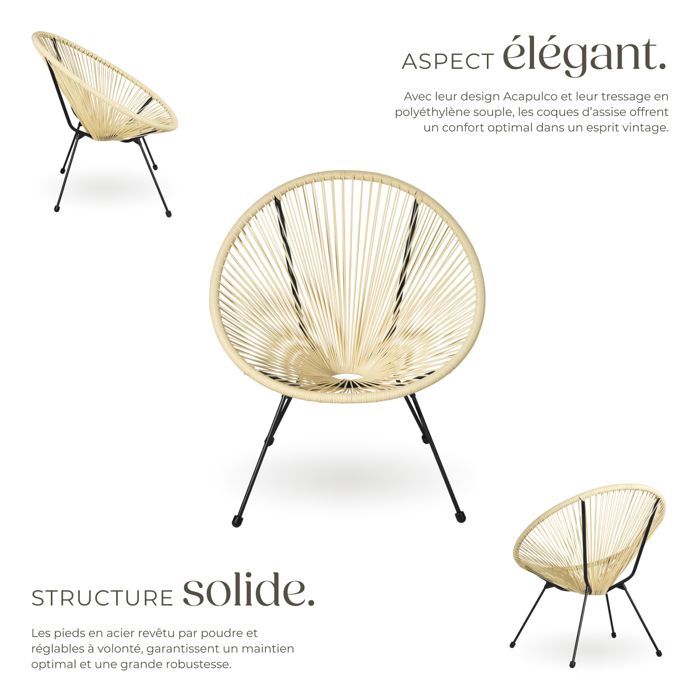 Fauteuils de jardin - TECTAKE - Lot de 2 chaises de jardin SANTANA avec Cordage élastique en polyéthylène 70,5 x 69 x 78 cm - Beige