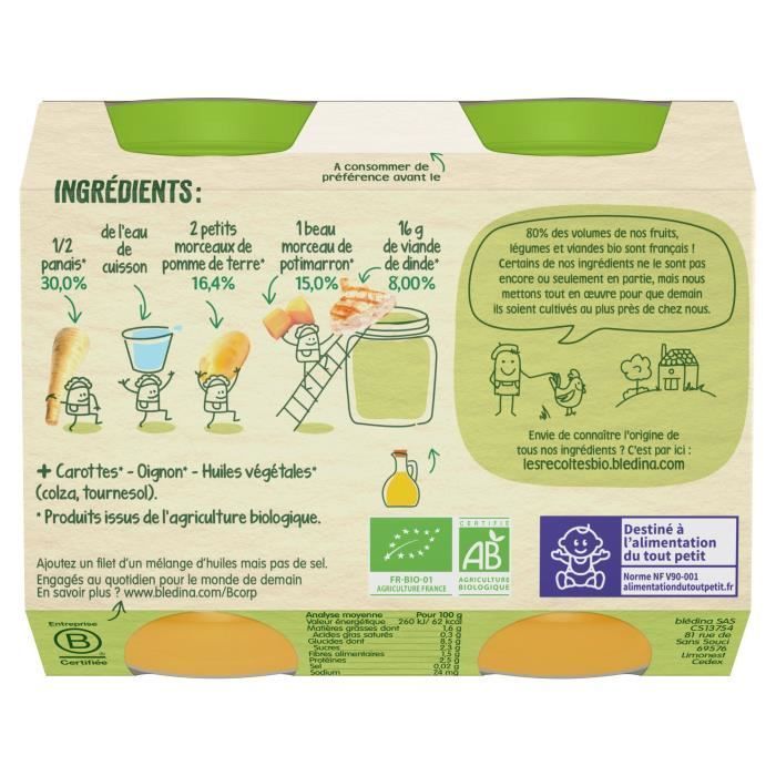 Blédina Organic Harvests, Organic Baby Food from 8 Months, Parsnip, Pumpkin & Turkey, 2 x 200g