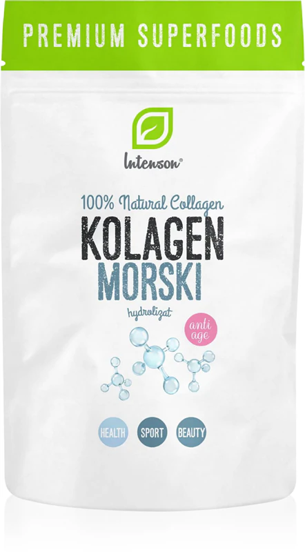 Suplemento alimentar em pó Intenson Marine Collagen Hydrolyzate para preparar uma bebida para cabelo, pele e unhas.