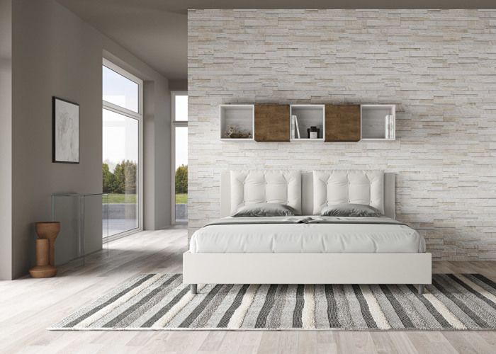 Cama king size con almacenamiento - Ityhome - Annalisa - Piel sintética blanca - 200x210 cm - Almacenamiento integrado
