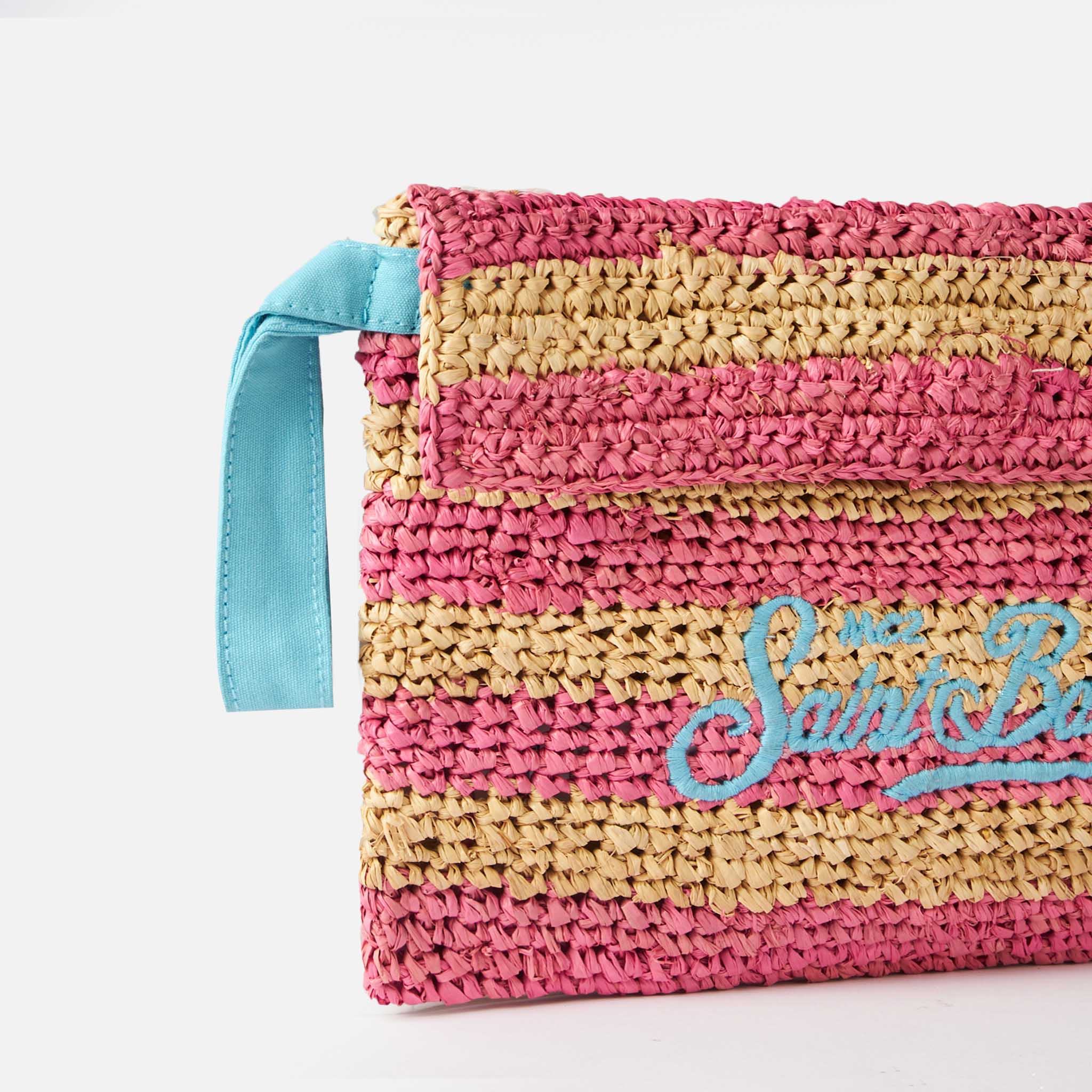 Pouch a righe i rafia con ricamo Saint Barth