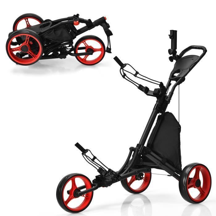 Carrito de golf plegable de 3 ruedas COSTWAY con correa elástica, soporte ajustable para paraguas y portavasos, bolsa con revestimiento de aluminio, color rojo.