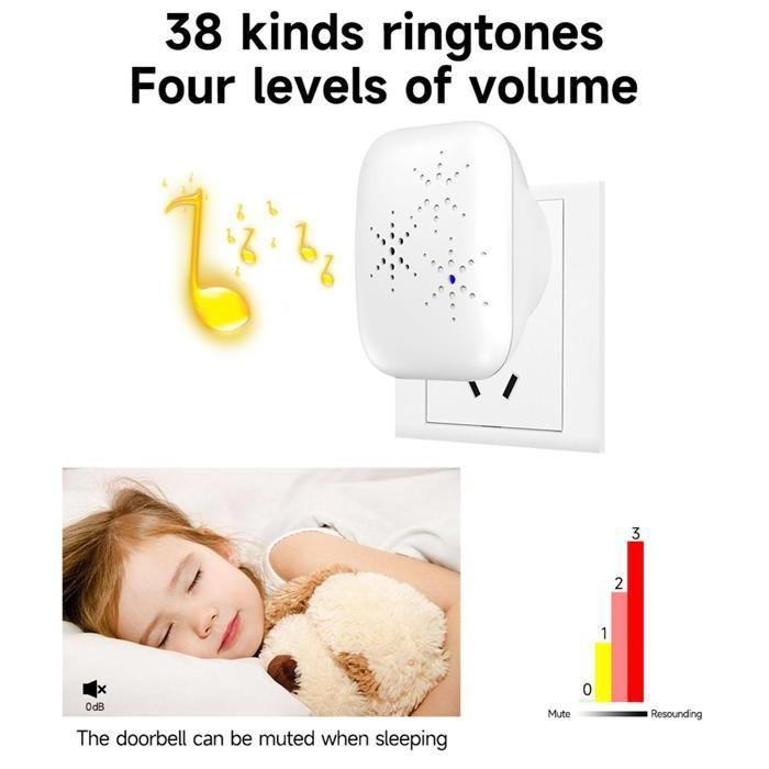 Sonnette sans fil étanche à longue portée, bouton sans pile, carillon enfichable 38 mélodies,Émetteur *2 Récepteur *1