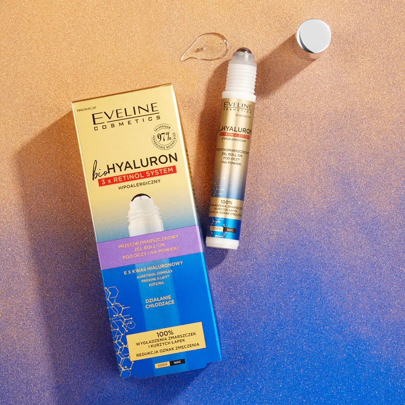 „Eveline Cosmetics Bio Hyaluron 3x Retinol Cooling System“ paakių rutulinis kremas nuo raukšlių ir tamsių ratilų