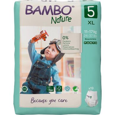 Pañales tipo pantalón Bambo Nature para niños y niñas, ropa interior ecológica T5, 12-18 kg, 19 unidades.