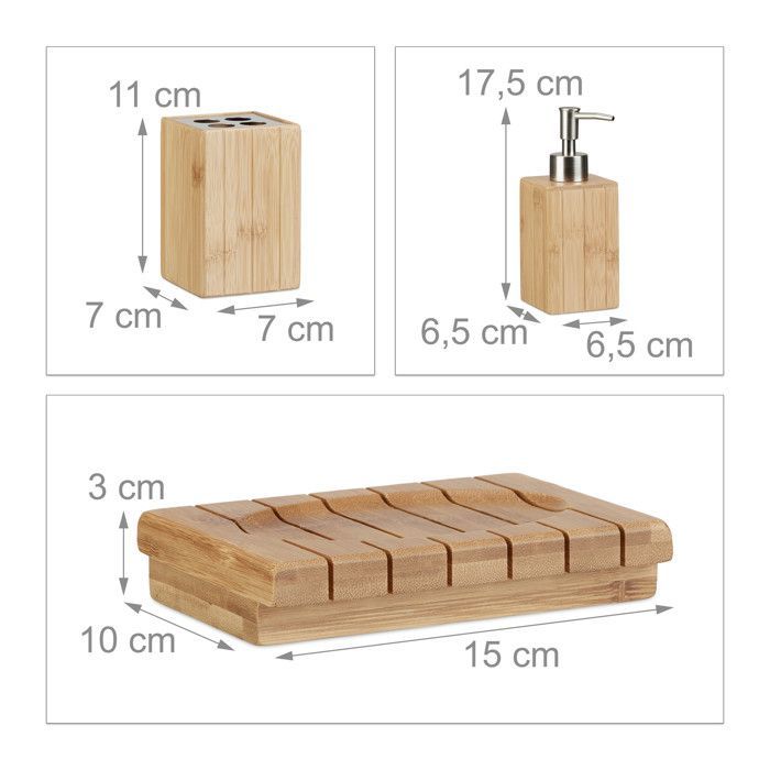 Relaxdays Bamboo Bathroom Accessories Set, 3 Pieces: Soap Dispenser, Tumbler, Toothbrush Holder, Soap Dish, Natural