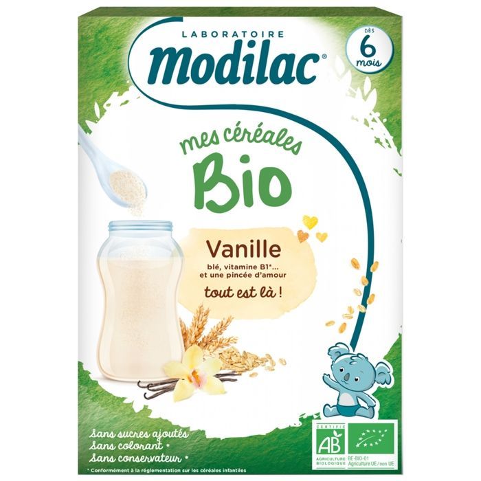 Cereal orgânico de baunilha Modalac para bebês a partir de 6 meses, 250g