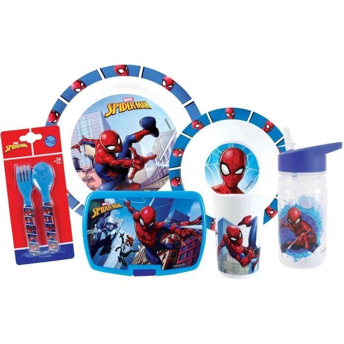 FUN HOUSE - Juego de vajilla de Spiderman - Vaso, plato (22 cm y 16 cm de diámetro), cubiertos, botella de agua y caja para aperitivos