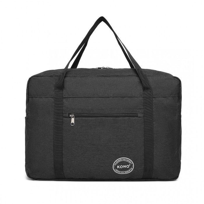 Bolsa de viaje plegable Kono, 45x32x14cm, bolsa deportiva plegable grande con múltiples bolsillos, impermeable y resistente al desgaste, color negro.