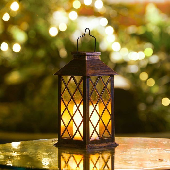 Hängende Solar-Gartenlaterne - Flammenloses, flackerndes LED-Licht - Mission-Laterne für Tisch, Außenbereich, Partys usw.