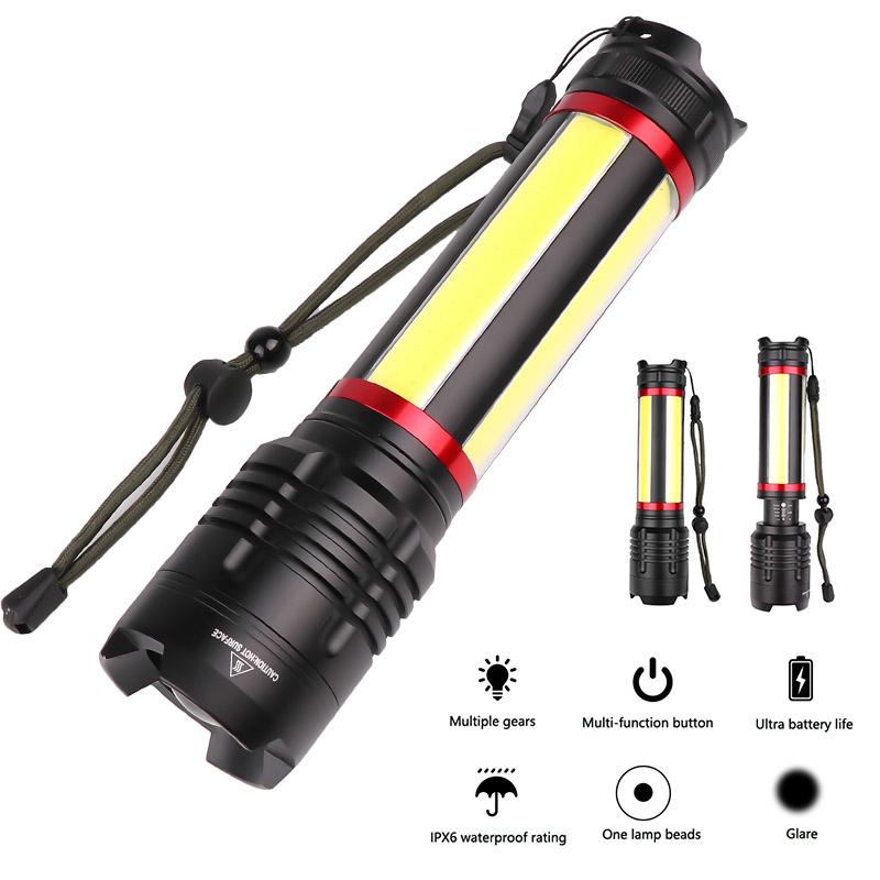 Linterna LED XHP 70 con zoom y luz deslumbrante, batería integrada, carga USB, diseño telescópico y borde para cinturón.