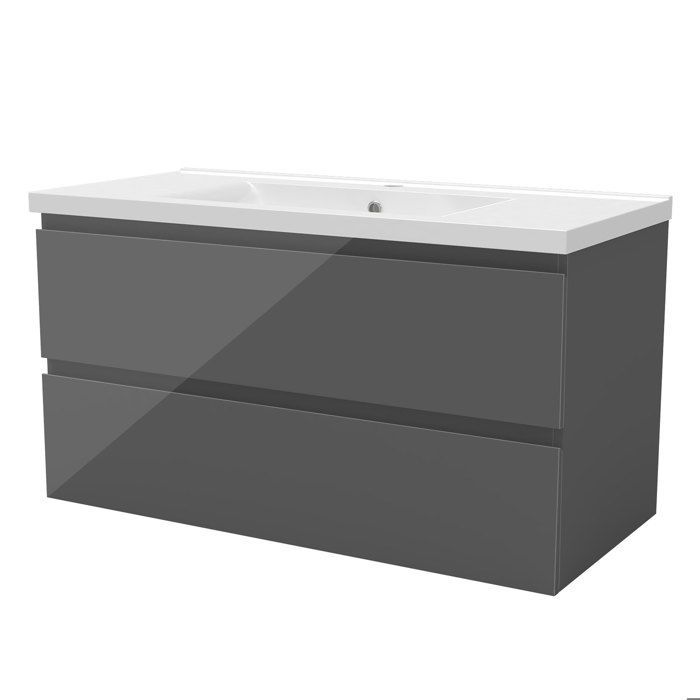 Mueble de baño AICA de 100 cm en color antracita brillante con 2 cajones de cierre suave y un lavabo de cerámica individual.