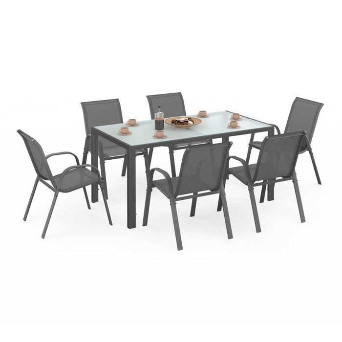 Conjunto de muebles de jardín IDMARKET MADRID: mesa de 150 cm y 6 sillas apilables, gris antracita, tablero de color claro.