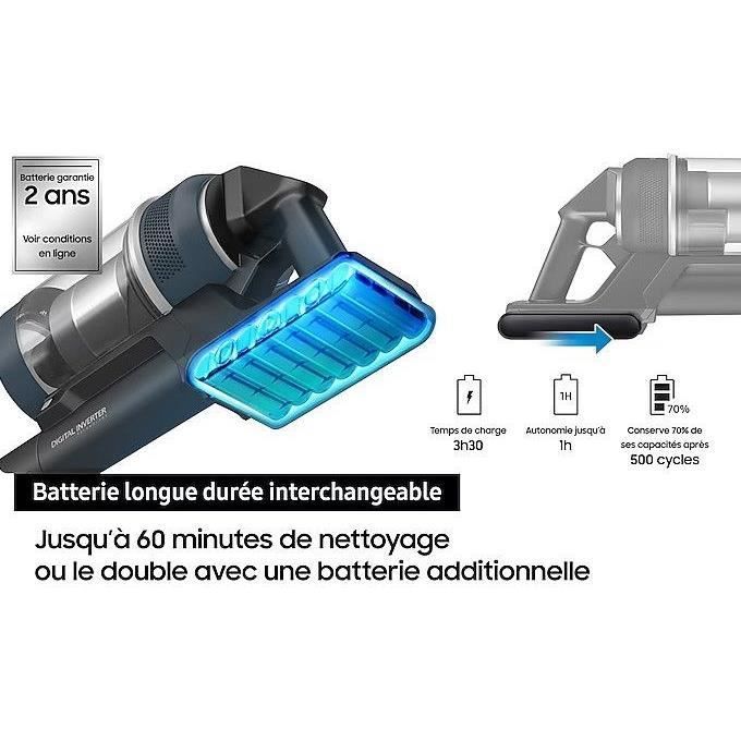SAMSUNG Jet 75E Turbo VS20B75B1R4 - Aspirateur Balai - Puissance 200 AW - 60 minutes d’autonomie - Station de chargement 2-en-1