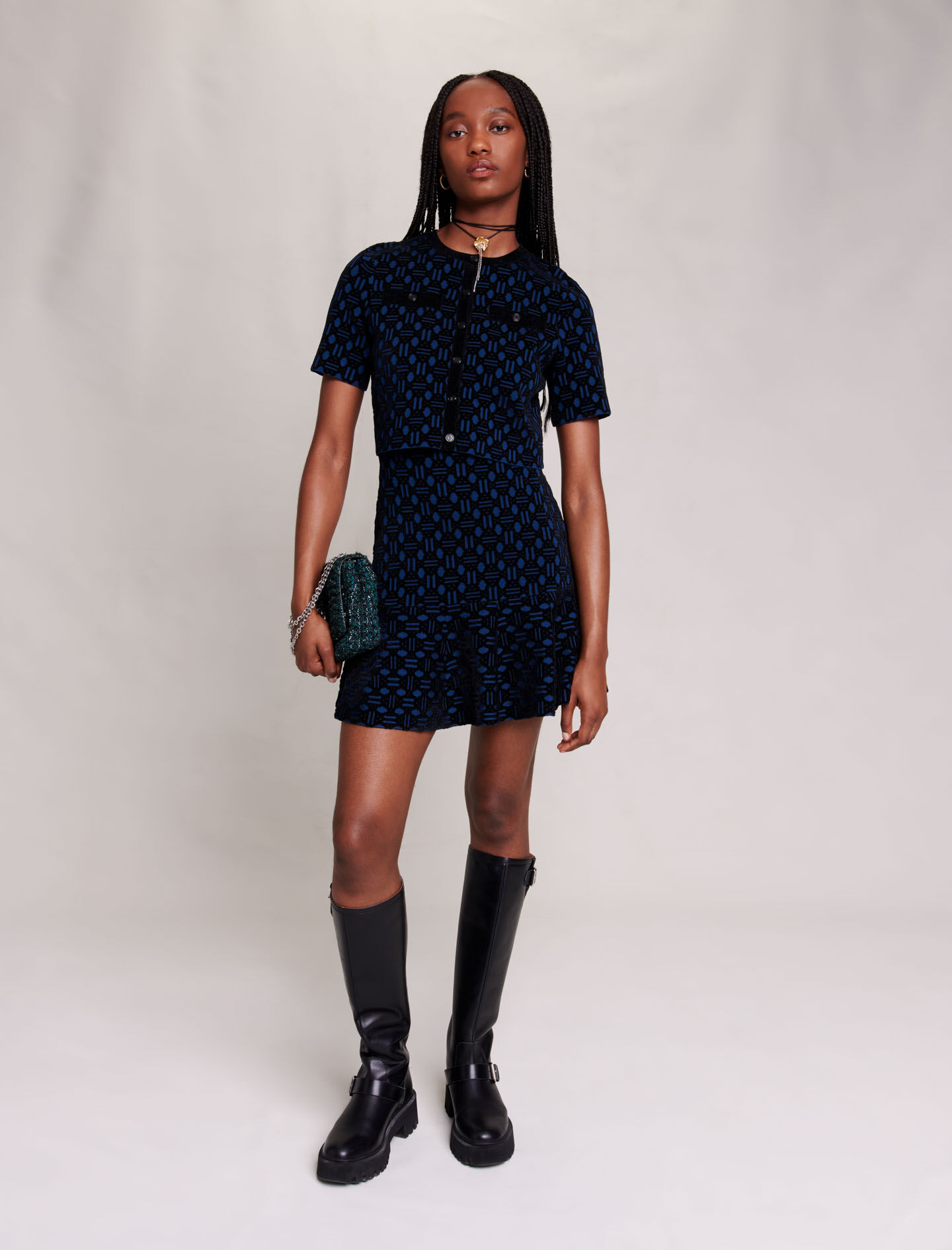 Gebreide jurk met 2-in-1 effect - Blauw/zwart