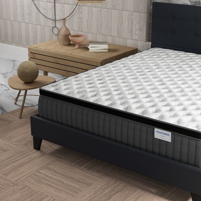 Colchón y cama (140x200cm) - Elekctra 30cm Muelles ensacados y espuma viscoelástica + Base de láminas y cabecero tapizados en negro