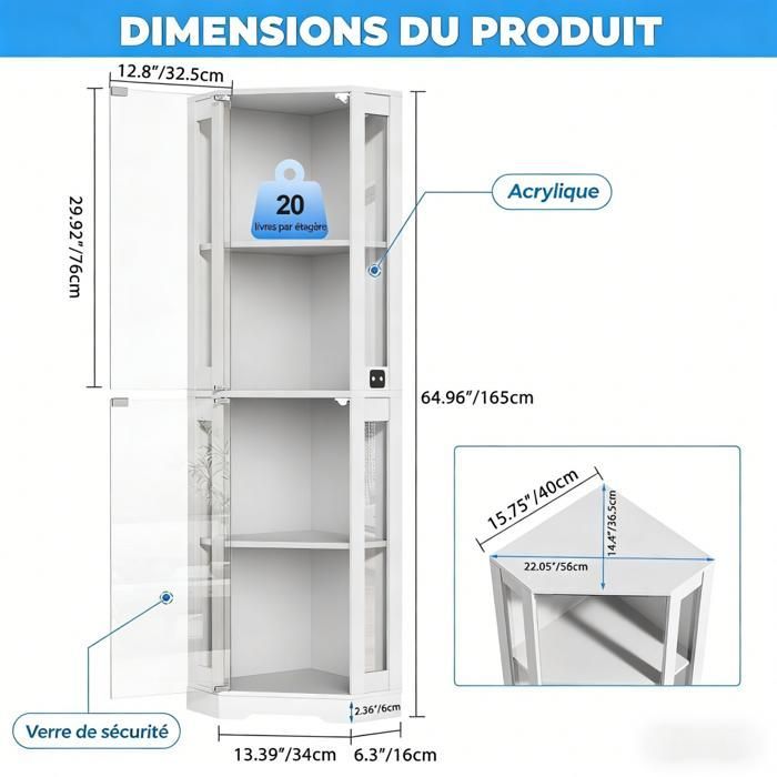 BROTTAR Corner LED Display Case, 3 Colors, Motion Sensor, White, for Storing Figurines, Living Room, Office, Game Room