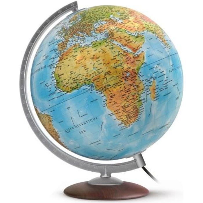 Illuminated Relief Globe in Blue, 30 cm - WONDAY - Medium - Dual Physical/Political Mapping