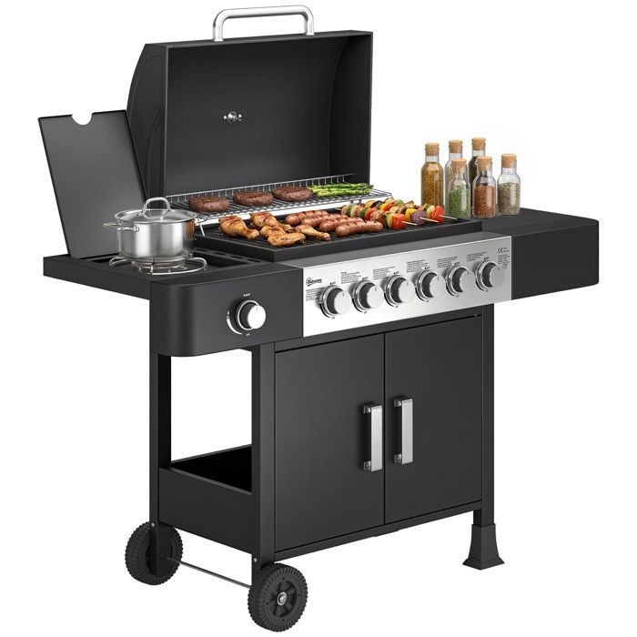 Barbecue a gas - Outsunny - 6+1 bruciatori, termometro integrato - carrello portatile con ruote - metallo - nero