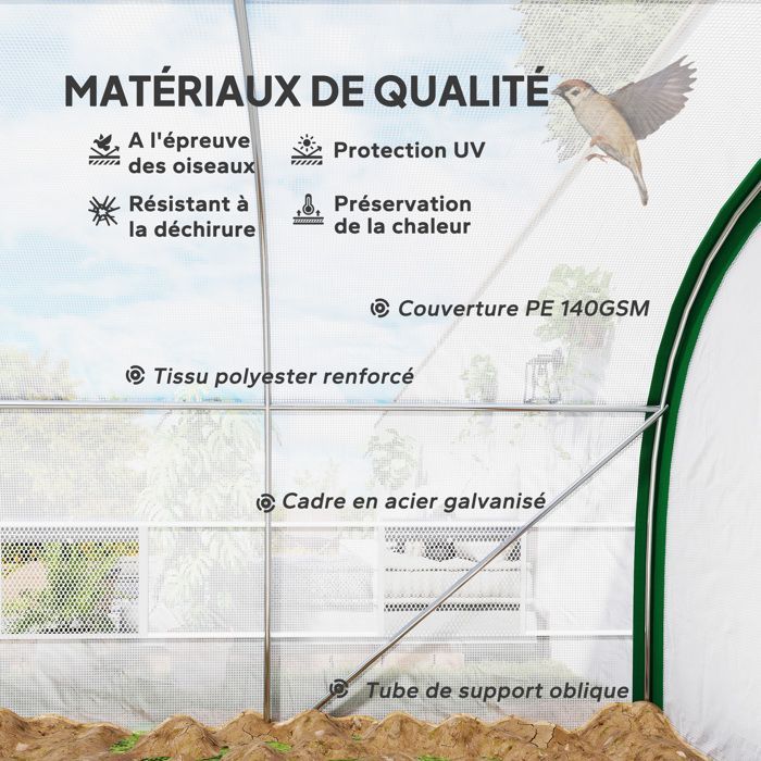 Serre de jardin tunnel - Outsunny - 18 m² serre tomates 8 fenêtres porte zippée acier galvanisé - PE - 6x3x2m - blanc