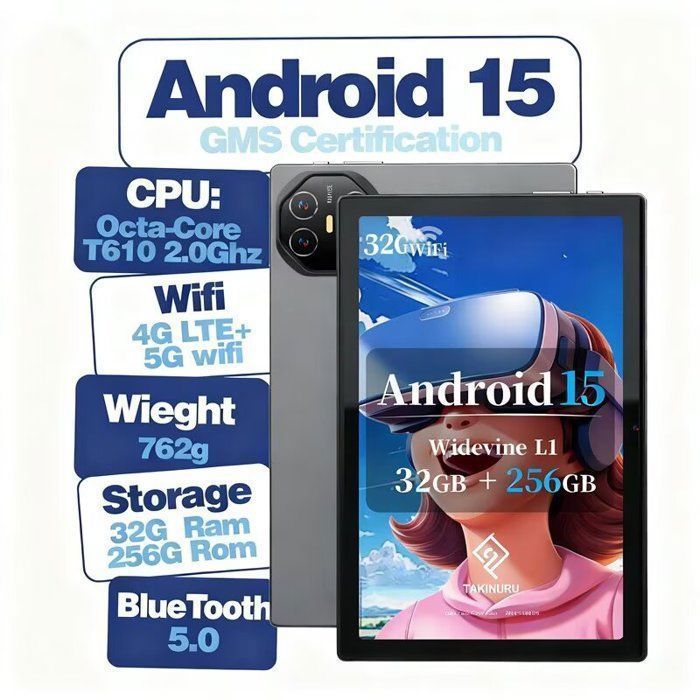 TAKINURU 10,1 tuuman tabletti, Android 15, 32 Gt + 256 Gt, kahdeksanydinsuoritin, 5G Wi-Fi, Type-C-portti, 8000 mAh akku, harmaa