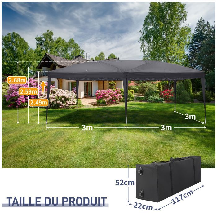 Gazebo da giardino Alightup, 3 x 6 m, pieghevole, altezza regolabile, impermeabile, protezione UV, grigio.
