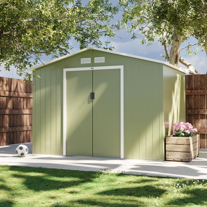 Casetta da giardino in metallo - FERRAIN 5,29 m² verde e bianca - Capanno porta attrezzi con due grandi porte scorrevoli. Kit di fissaggio.
